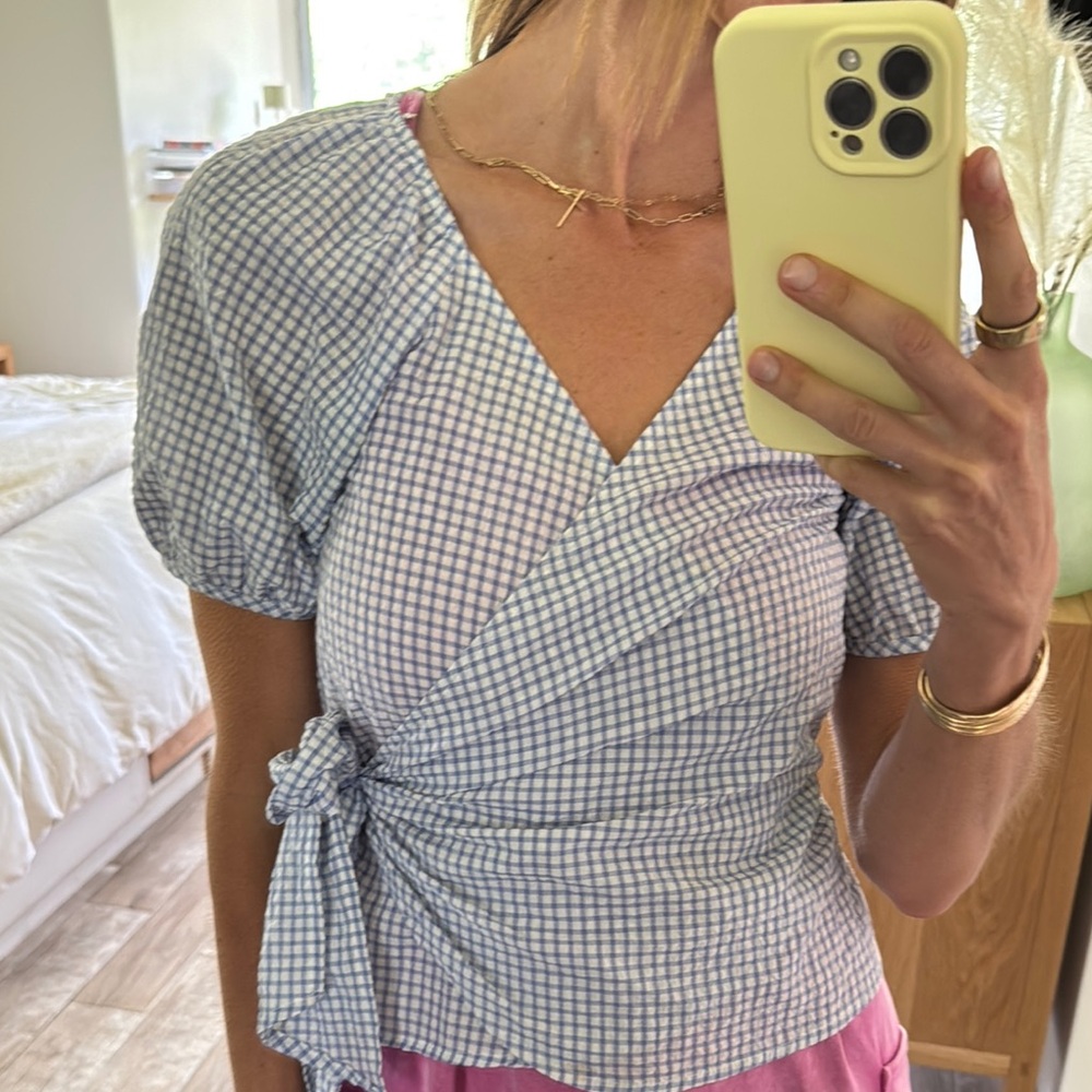 Madewell Black and White Puff Sleeve Wrap Blouse